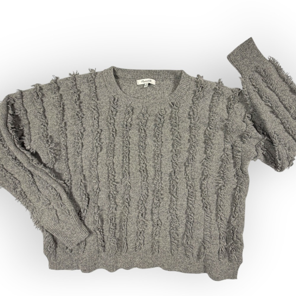 Madewell Gray 100% Merino Wool Fringe Textured Boxy Sweater Womens M fluffy NWOT